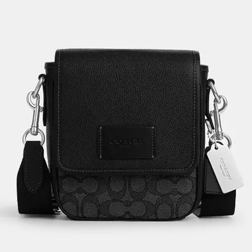 Coach Lucas Crossbody In Signature Jacquard With Black Pebbled Leather Euc
